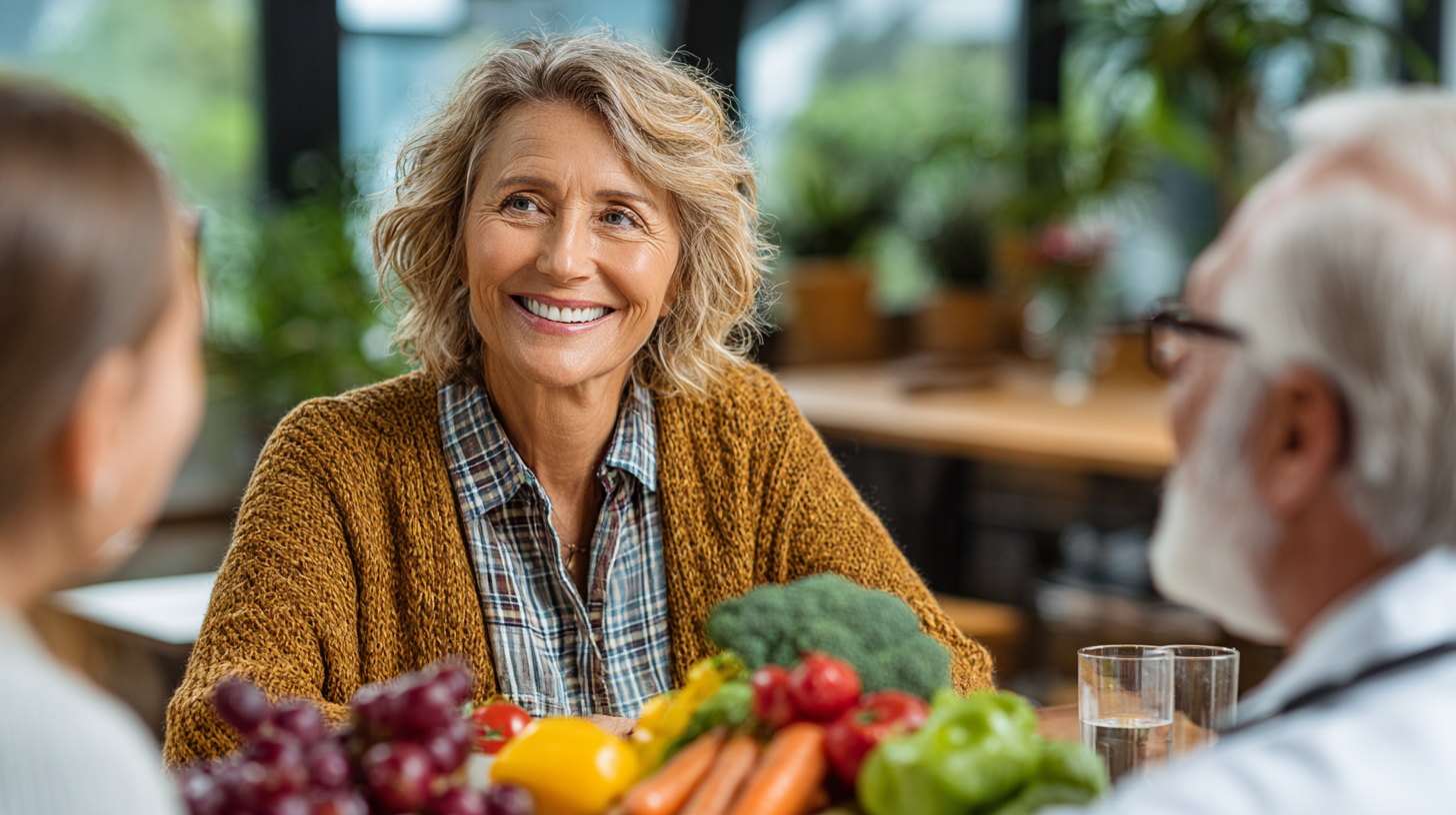 Especialista en nutrición consultando con adulto mayor